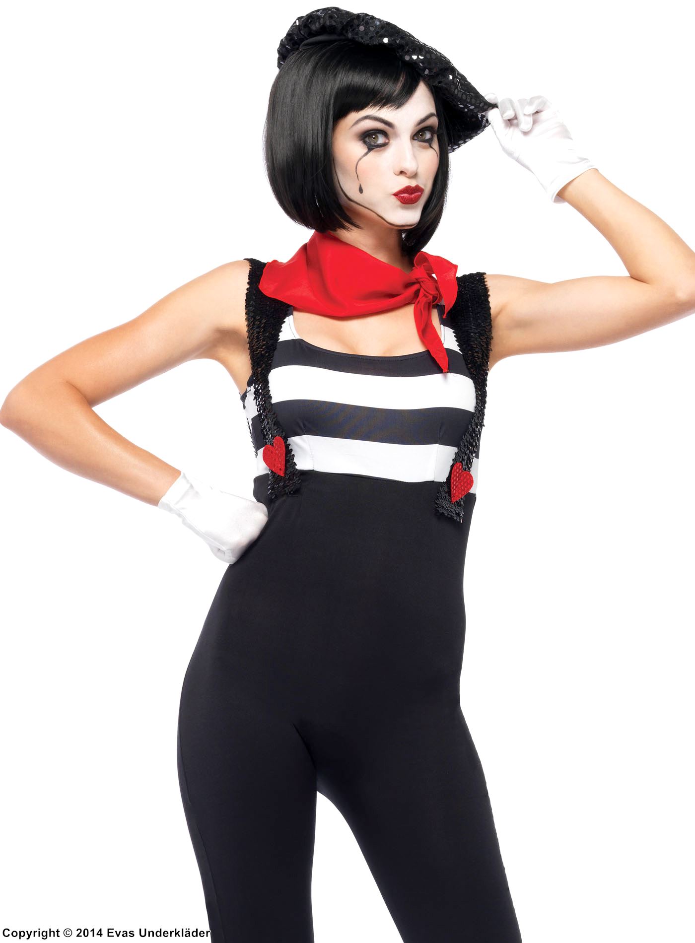 Female mime, body costume, sequins, suspenders, heart, vertical stripes, Ev...